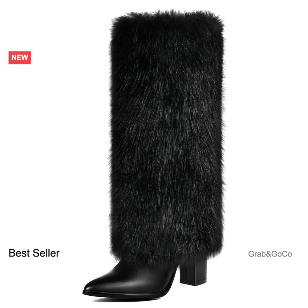 Chunky Heel Knee High Faux Fur Boots Fold Over Wide Calf Pointed Toe